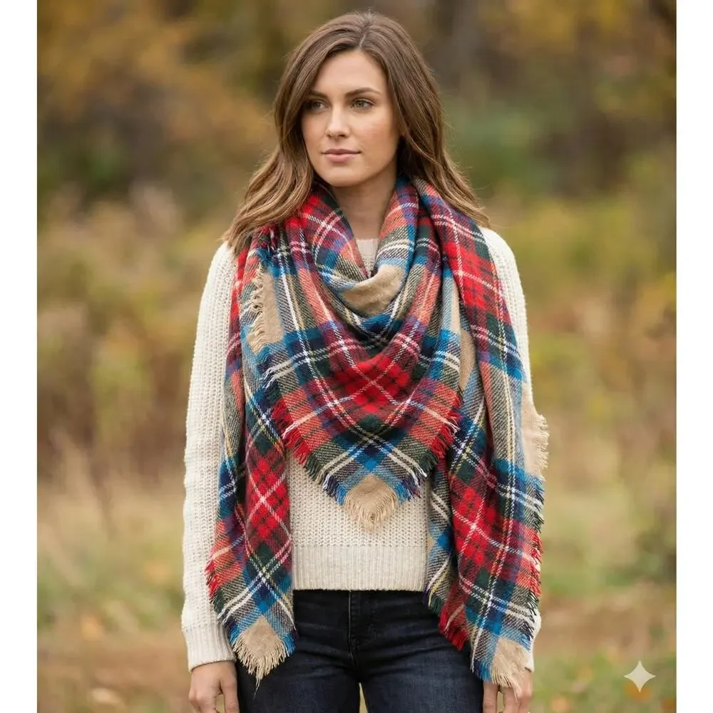 Large Blanket Scarf Plaid Blue Red White Cream 60